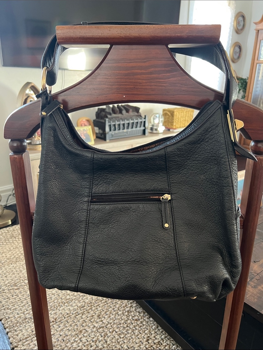 Tignanello Black Leather Shoulder Bag with Gold-Tone Accents
